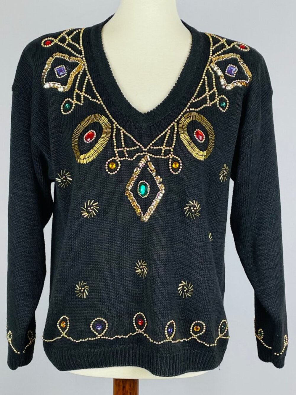 Vtg 80s Exclusive Imports Beaded Sweater Sz M Black Gold Jewel Maximalist Glam
